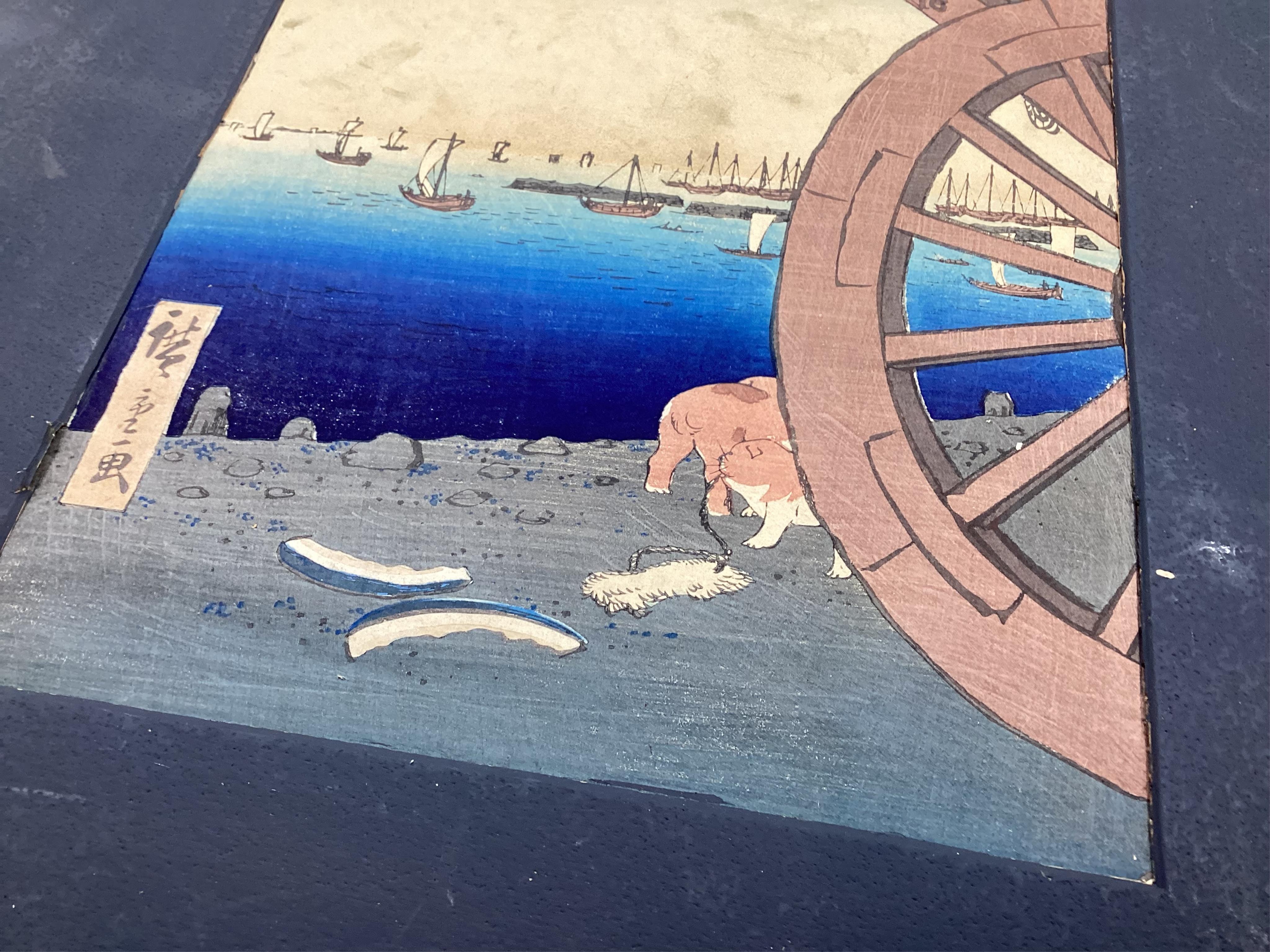 After Utagawa Hiroshige , Komagata Hall & Azumja Bridge and Ushimachi Takanawa, Two woodblock prints, 33.5cm x 22cm